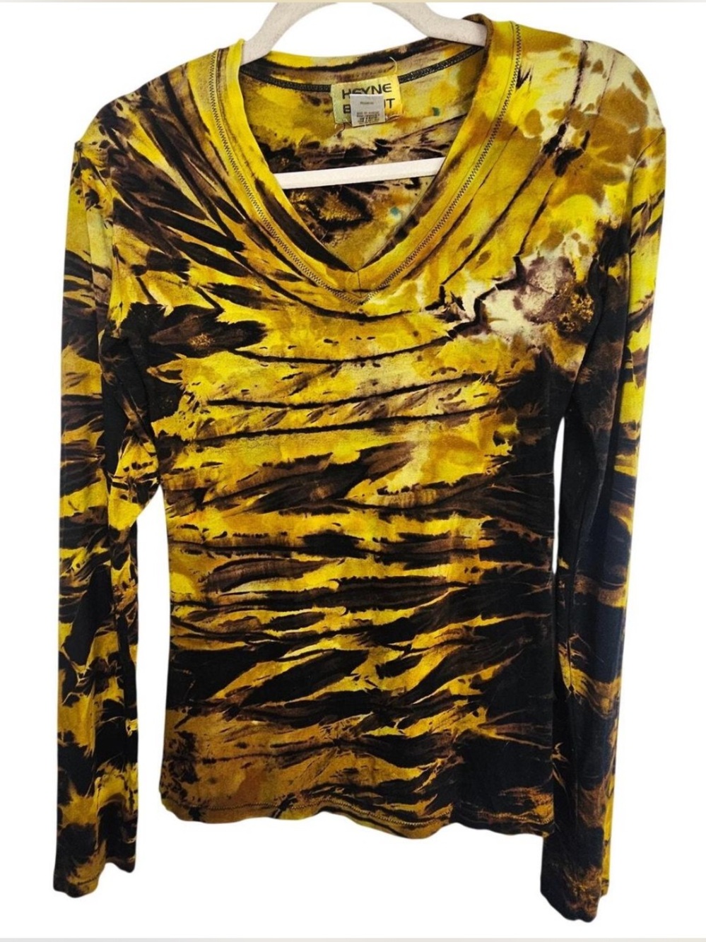 Heyne Yellow & Black Tie-Dye V-Neck Long Sleeve Top